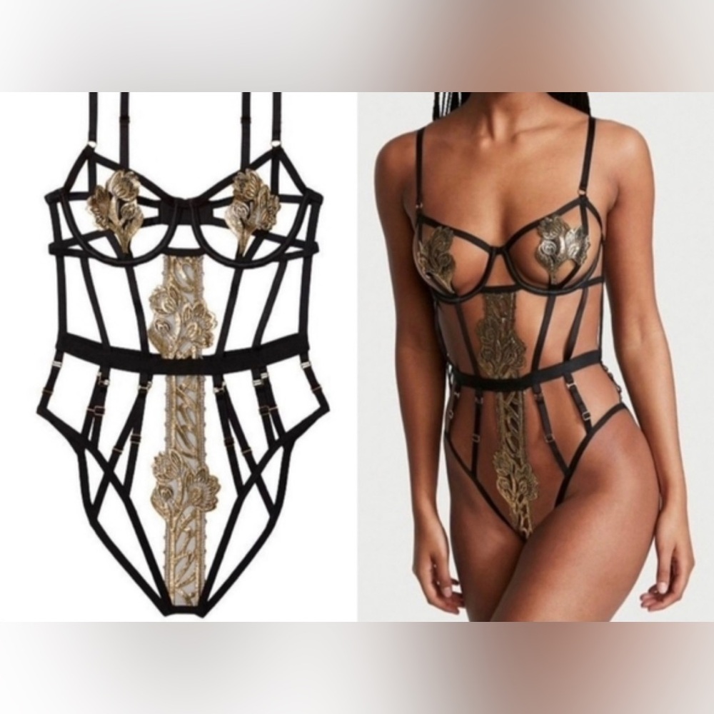 Victoria's Secret Black Sheer Strappy Bodysuit with Gold Embroidery